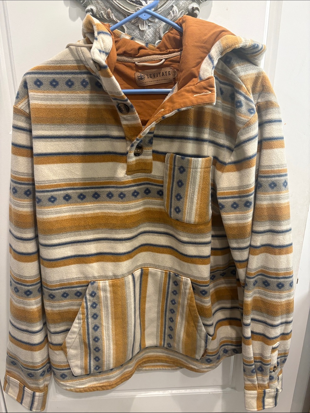 Men's Hooded Pullover Shirt - Mustard Blue Stripe